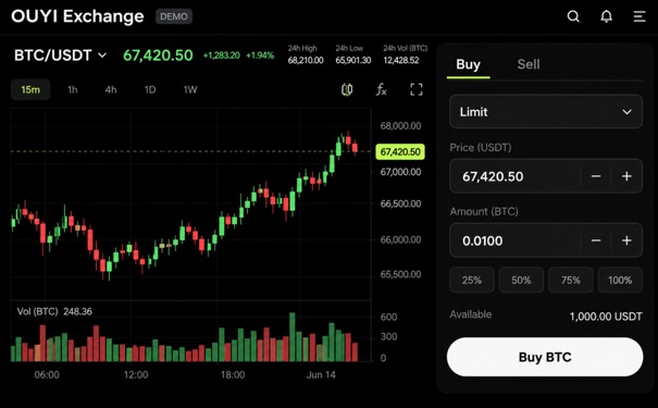欧逸交易所APP现货交易与限价委托英文界面，AI生成示意
